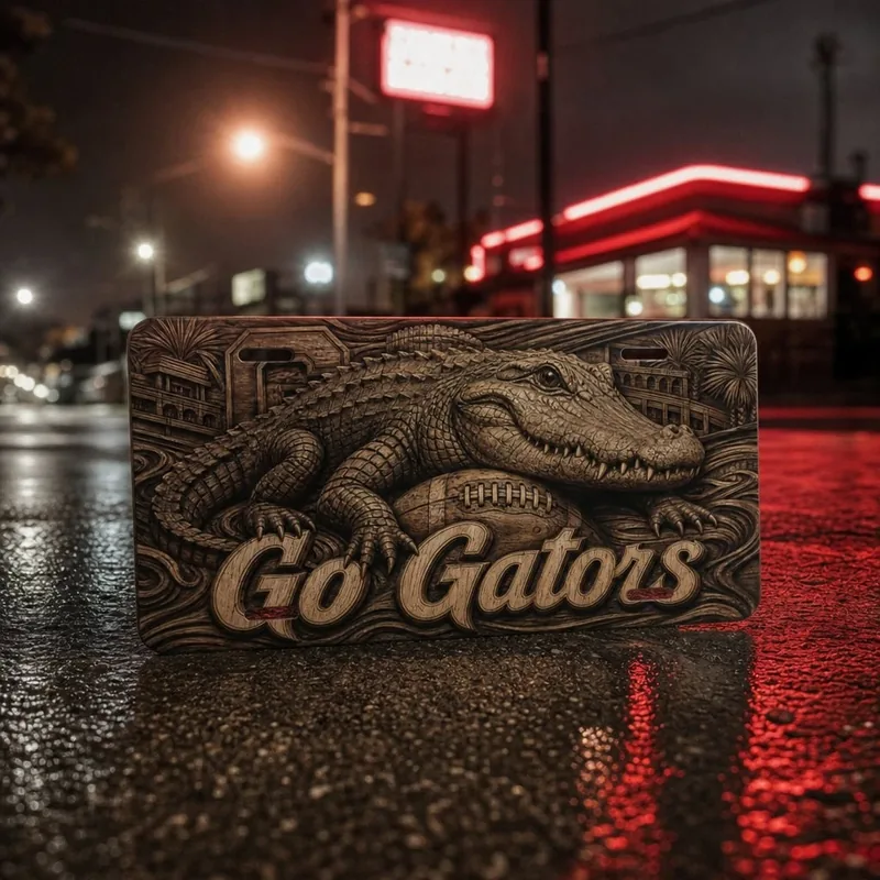 Florida Gators Go Gators license plate with an alligator, photographed on wet asphalt at night.